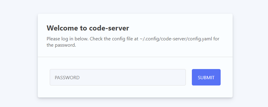 code-server login screen