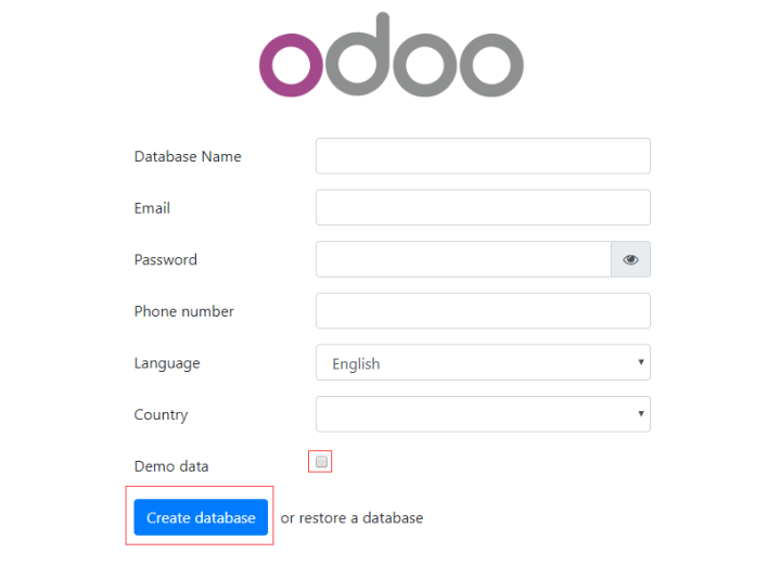 Odoo Community Edition initialization page